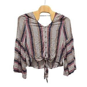 Fabrik Women's Large Tie Front Top Blouse Bell Sleeve Fall floral Bohemian Print